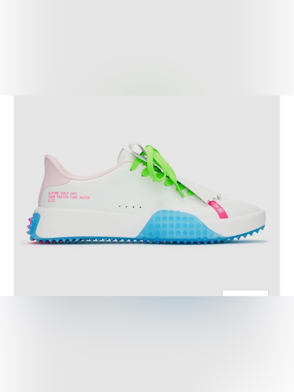 G/FORE White Sneaker with Neon Green Laces and Blue Accented Sole